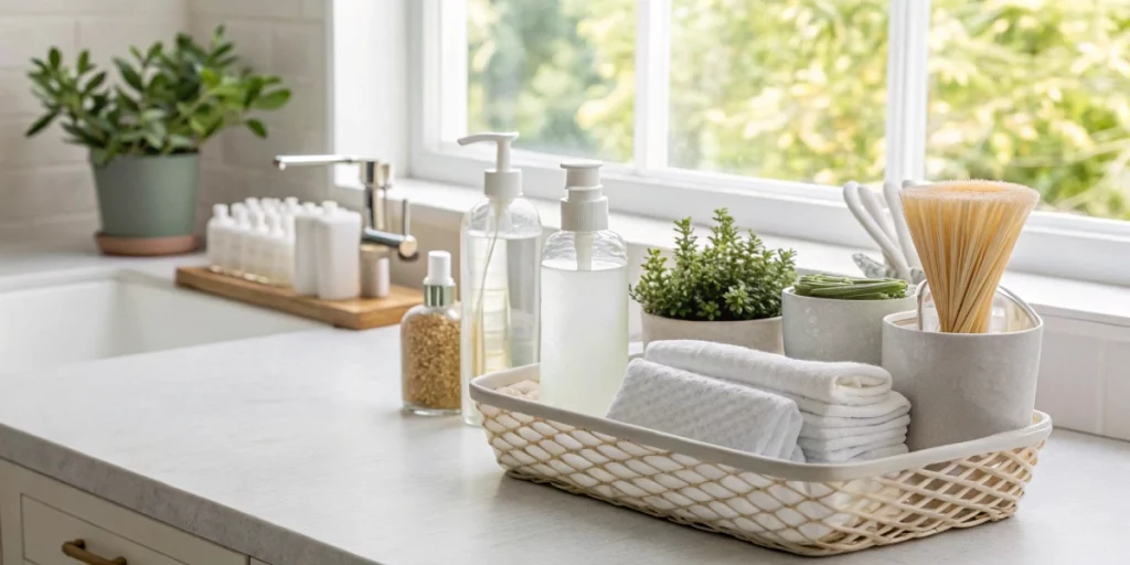 A bright and organized cleaning space featuring a modern counter with essential cleaning supplies—cotton swabs, saline solution, and small cannabis accessories—styled alongside a small potted cannabis plant. The scene should evoke a clean, inviting atmosphere with natural light and soft colors.