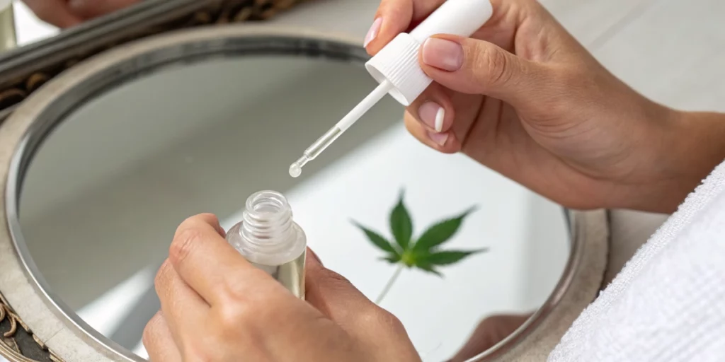 A detailed close-up showing hands gently applying saline with a cotton swab to a clean mirror. The focus is on safety and precision, with subtle hints of cannabis elements such as a small cannabis leaf decal in the background.