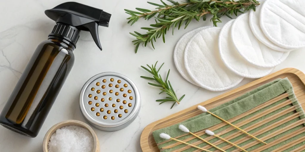 Overhead view of eco-friendly cleaning tools demonstrating how to clean herb grinder with sustainable practices.