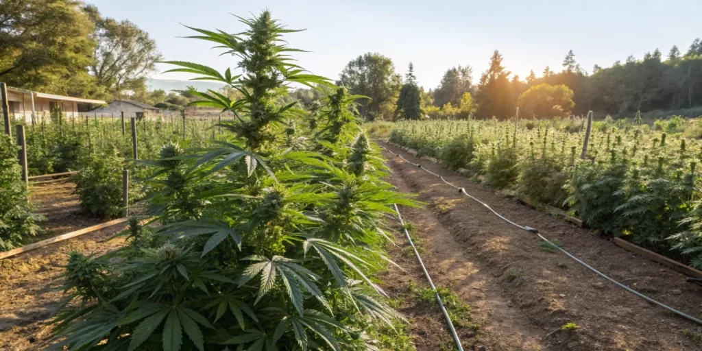 Outdoor cannabis garden with natural soil and sunlight, representing a cost-effective, low-maintenance growing method.
