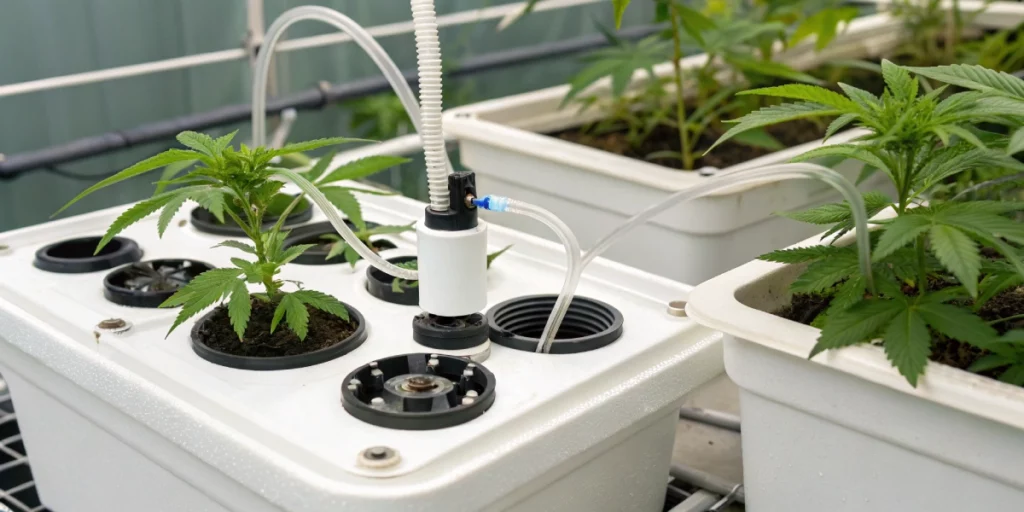 Close-up of hydroponic equipment used in cannabis cultivation, emphasizing the higher initial investment.