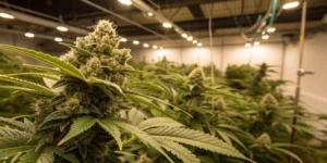 A detailed close-up of sour jealousy auto strain buds showing vibrant green leaves and sparkling trichomes, set against the backdrop of a clean, modern indoor grow room with bright LED lights.