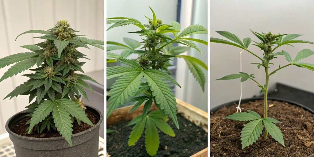 A sequential collage depicting the growth stages of sour jealousy auto strain—from tiny seedlings with emerging leaves to robust plants in full bloom with dense, resinous buds—showcasing its rapid development in a controlled setting.