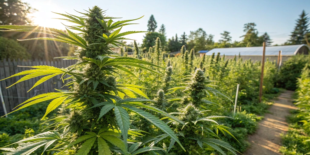 Outdoor cultivation of Kalashnikova Auto strain with flourishing plants and abundant buds under natural sunlight.