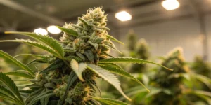 Artistic close-up of Kosher Cake auto strain buds showing intricate details and a citrus-infused aroma in a well-lit setting.