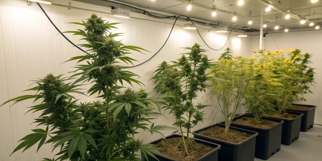 Indoor grow room with thriving Lemon AK auto strain plants under full-spectrum LED lights, showing uniform growth and healthy leaves.