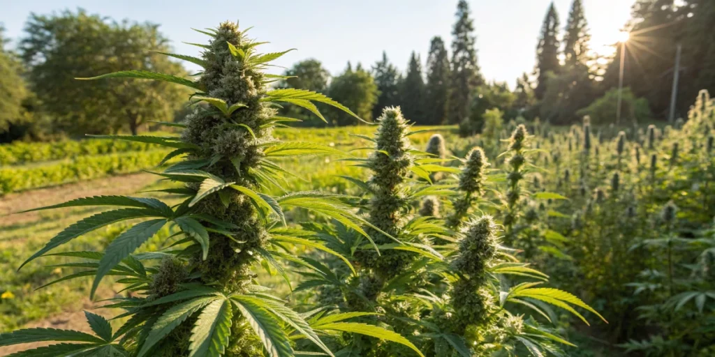Outdoor cultivation of Lemon Pie auto strain plants thriving under natural sunlight.