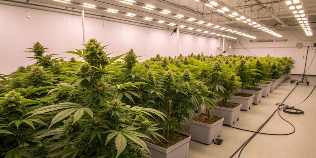 An indoor grow room setup with Sweet Mango Auto strain plants under LED lights, displaying healthy green leaves and bright, dense buds.
