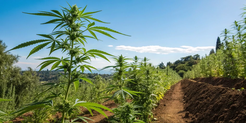 Sweet Mango Auto strain plants growing outdoors in a sunny garden with clear blue skies and rich, organic soil, showcasing their vibrant, citrus-infused buds.
