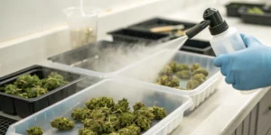 Close-up of cannabis buds being misted, demonstrating how to moisturize weed for optimal freshness.