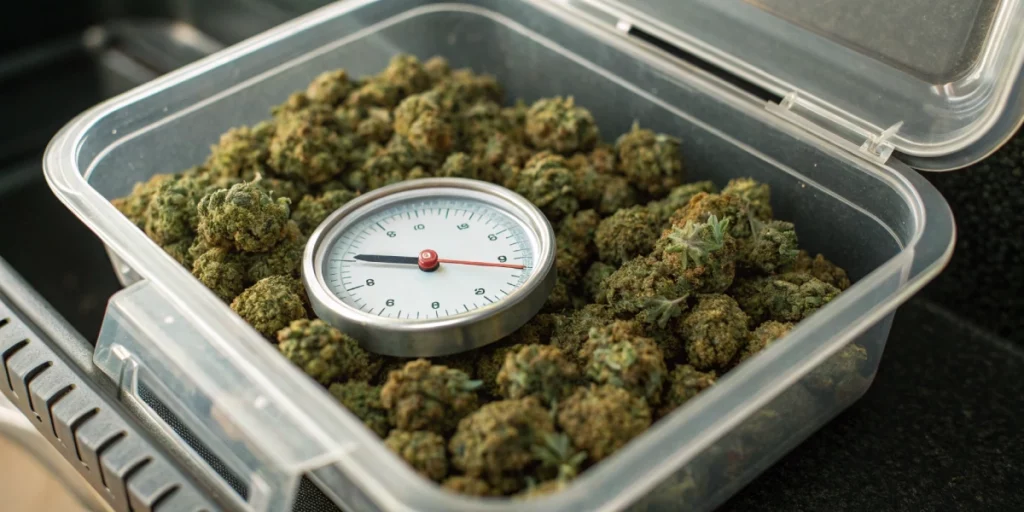 A hygrometer inside a storage container with cannabis, showing the ideal moisture level for how to moisturize weed.