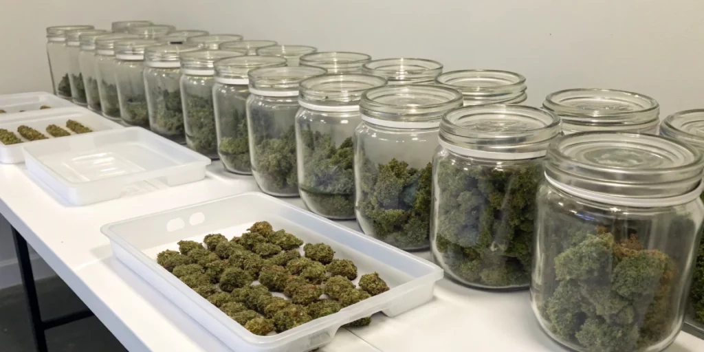 Organized storage of cannabis with glass jars and humidity packs, exemplifying best practices on how to moisturize weed.