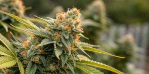 Mature Papaya Cookies Auto buds showcasing dense trichomes and bright citrus colors against a blurred background, emphasizing high resin production.