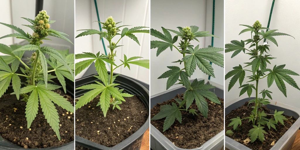 Time-lapse sequence of Papaya Cookies Auto strain growth showing seed germination, seedling development, and early bud formation under optimal conditions