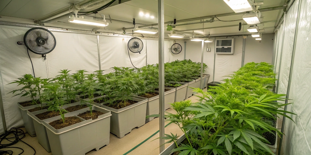 Indoor grow room setup for Papaya Cookies Auto strain with LED lights and fans, highlighting uniform, lush green plants thriving under controlled conditions."
