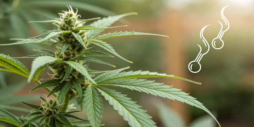Close-up of a cannabis plant showing trichomes and pepper icons to indicate the presence of Pepper Terpene.