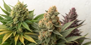 Close-up of Melonade, Cherry Gelato, and La Confidential buds displaying distinctive textures and abundant Pine Terpene crystals.
