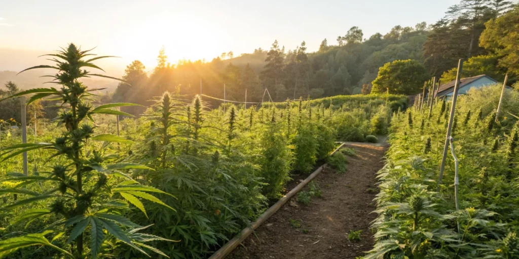 Outdoor cannabis garden with lush plants, highlighting strains abundant in Pine Terpene under bright natural light.