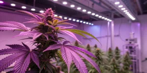 Indoor cannabis plant displaying purple hues, illustrating why is some weed purple in a controlled environment.