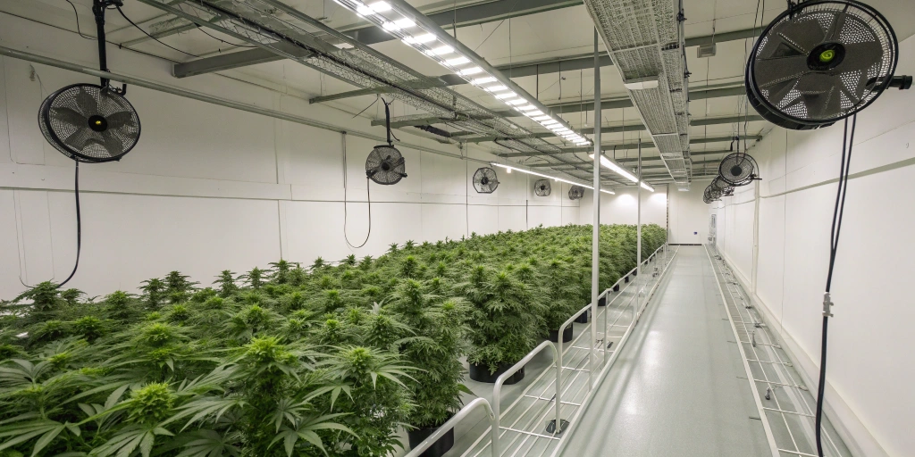 Modern indoor cannabis grow room with Quick One Auto strain plants under full-spectrum LED lights, showing organized tents and advanced ventilation systems