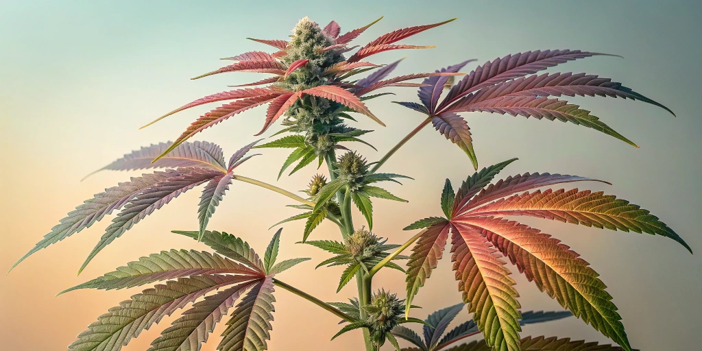 Artistic illustration of a Rhino Ryder strain plant with distinct leaf structure and vivid green hues accented by hints of purple, set on a soft gradient background.