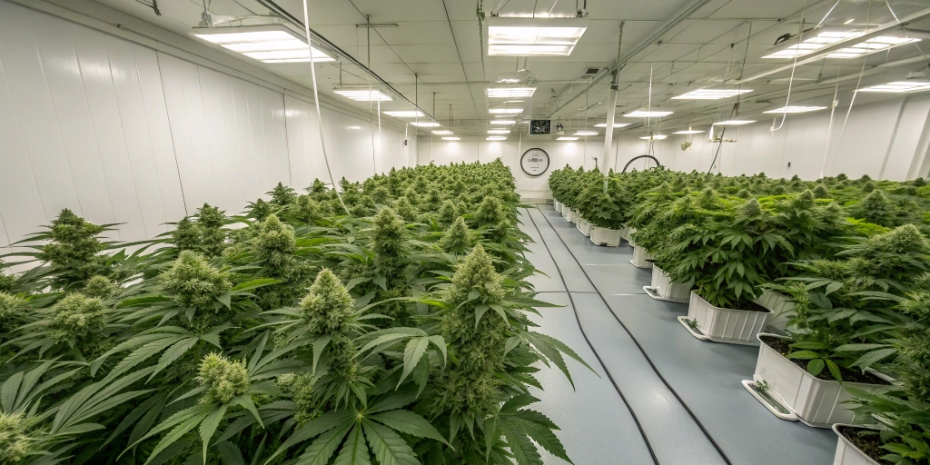 Wide view of an indoor cannabis grow room featuring mature Rhino Ryder strain plants with lush green leaves and dense, resinous buds under controlled lighting.