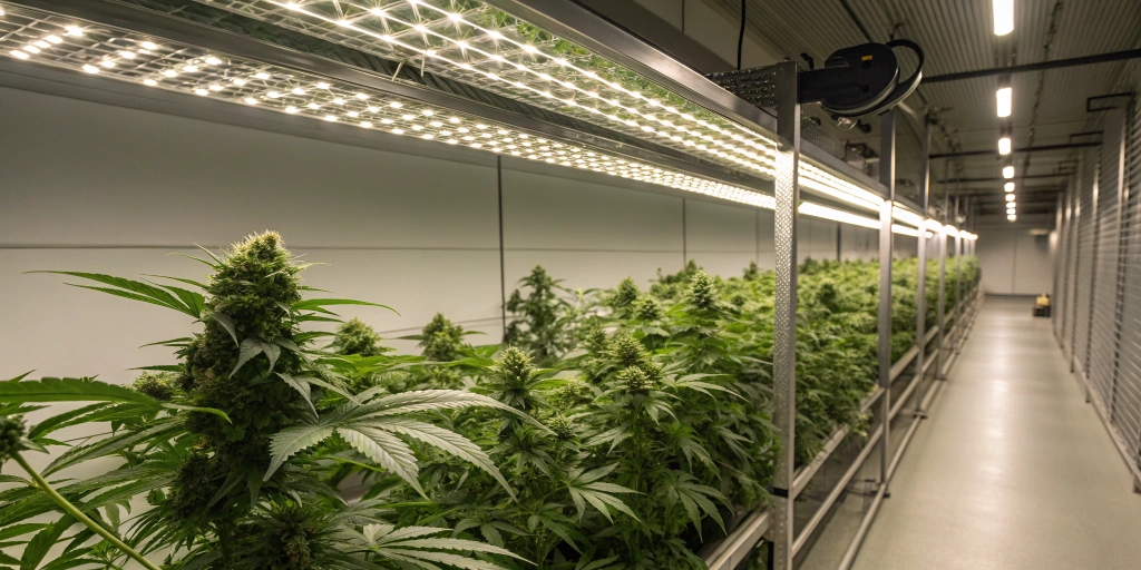 Indoor grow room with Royal AK Auto strain plants under LED lighting, featuring dense, resinous buds and vibrant green foliage.
