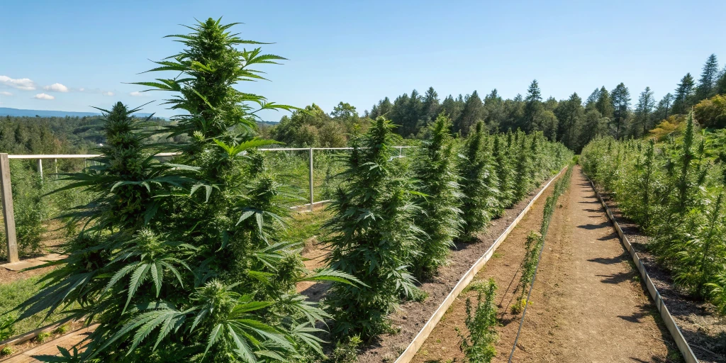 Outdoor cannabis garden with thriving Royal Bluematic Auto strain plants under clear blue skies in organic soil.