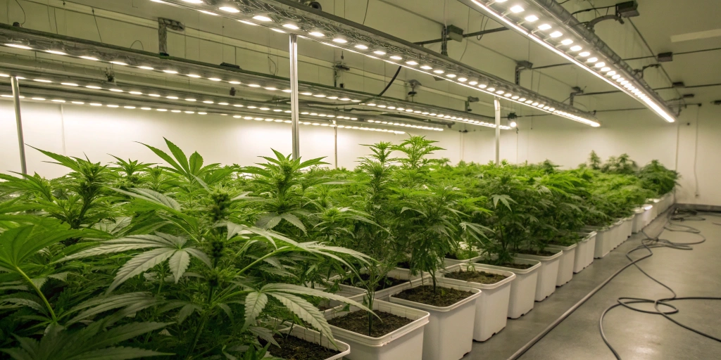 ndoor grow room with Royal Cheese Auto strain plants under LED lights in a clean, controlled setup.