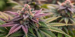 Close-up view of dense cannabis buds with glistening trichomes and vibrant color, illustrating the quality of the harvest.
