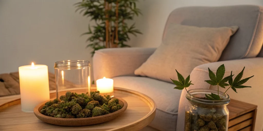 User browsing strain finder energy and relaxing tool on a laptop in a modern room, illustrating an easy and convenient search for balanced cannabis strains.