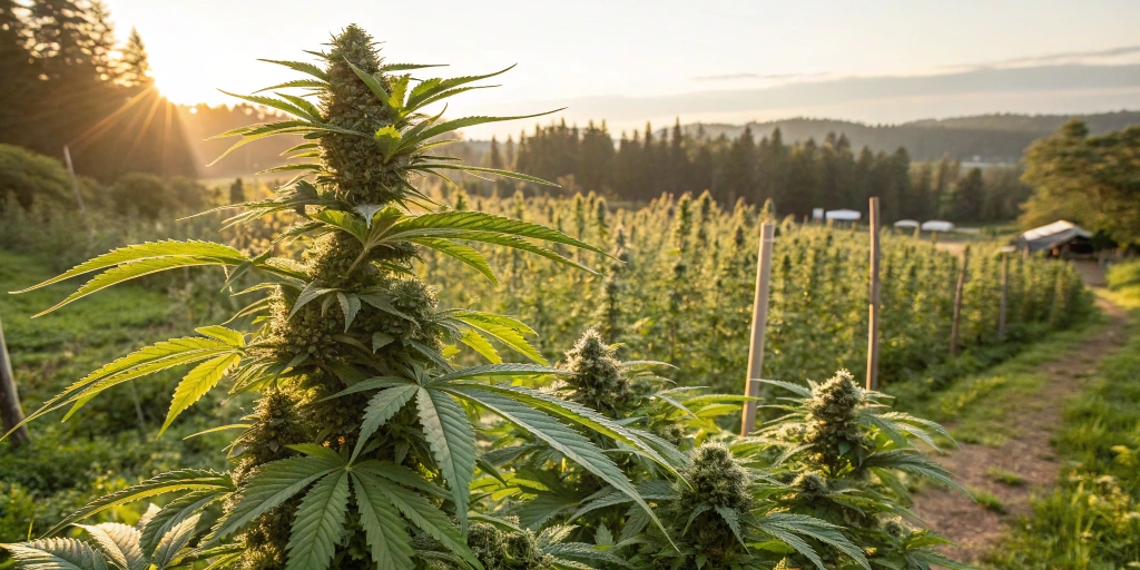 Outdoor cannabis garden featuring healthy Strawberry Gorilla strain plants under bright sunlight, with dense foliage and vibrant buds.