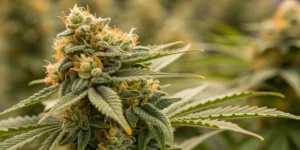 Close-up of mature Sugarlato Auto strain buds showing dense resin, vibrant citrus colors, and sparkling trichomes.