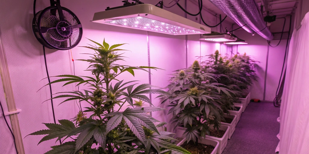 Super Critical Auto strain thriving in a modern indoor grow room with full-spectrum LED lights, fans, and carbon filters.