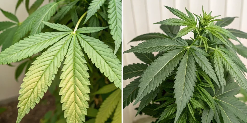 Side-by-side comparison of healthy versus wrinkly cannabis leaves highlighting stress effects and the benefits of proper cultivation practices.