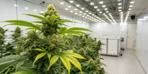 Create a high-resolution image of a flourishing Lemon Pop Auto plant in a modern indoor grow room. The plant is lush, with vibrant green leaves and dense, resinous buds showing hints of lemon-yellow. The background should have bright, full-spectrum LED lights illuminating the scene.