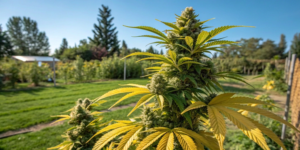 Generate a detailed image of a Citrus Sunshine Auto strain in an outdoor setting during a sunny day. The plant should be in a well-maintained garden with natural sunlight highlighting its vibrant, citrus-infused buds and leaves. Include a clear blue sky in the background to emphasize the outdoor environment.