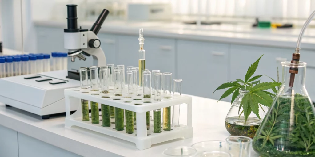 Laboratory setup with extraction equipment showcasing cannabis extracts containing caryophyllene Terpene.