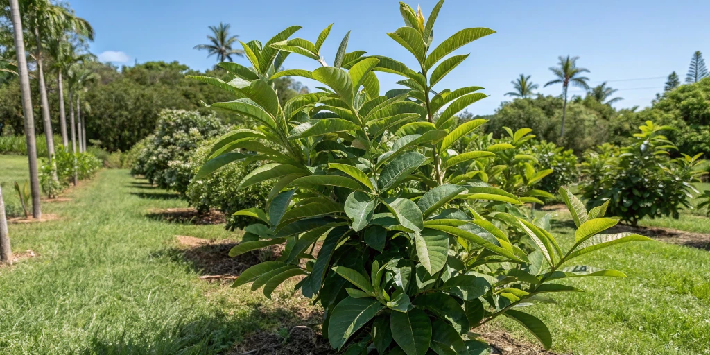 Outdoor cultivation of Guava x Gelato 41 Auto strain plants thriving in natural sunlight, surrounded by lush green leaves and a bright blue sky.