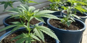 Close-up of blue dream cannabis seeds sprouting into seedlings in a greenhouse.