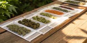 Cannabis seeds new mexico packets displayed on a rustic wooden table under sunlight