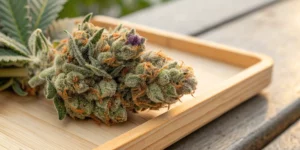 Close-up of a Cookies Gelato strain bud covered in trichomes and orange hairs.
