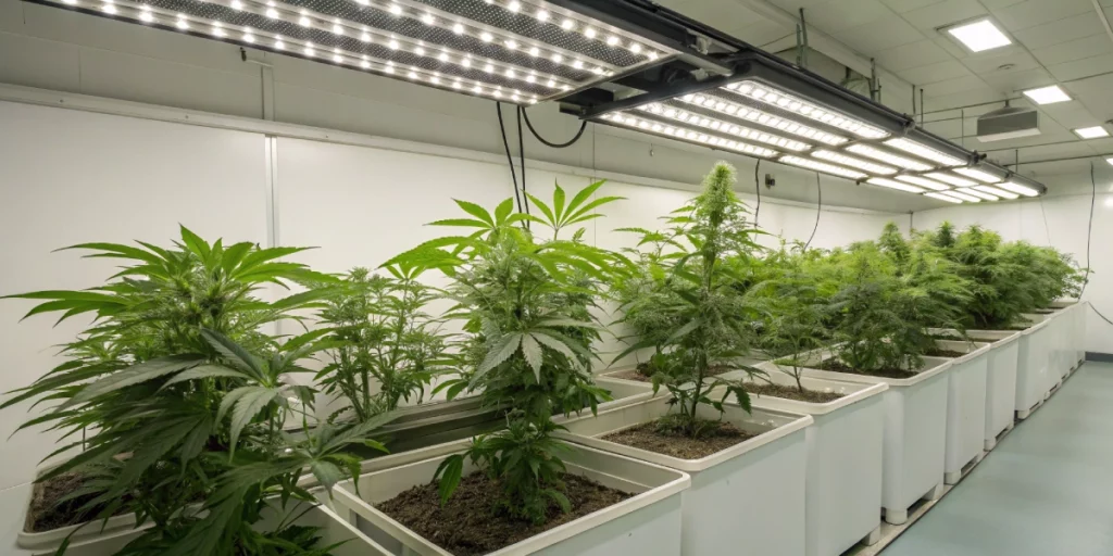Realistic indoor grow room with healthy GMO Auto strain plants under full-spectrum LED lighting, showcasing lush foliage and organized setup.