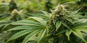 Close-up of Goatlato Auto Tyson S strain buds with dense resin and twisted leaves, captured in natural light, highlighting vivid green colors.