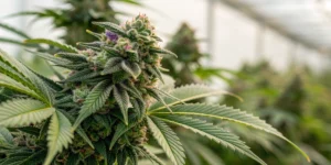 Close-up of densely packed, resinous Green O Matic strain buds with vibrant green tones and subtle purple hints.