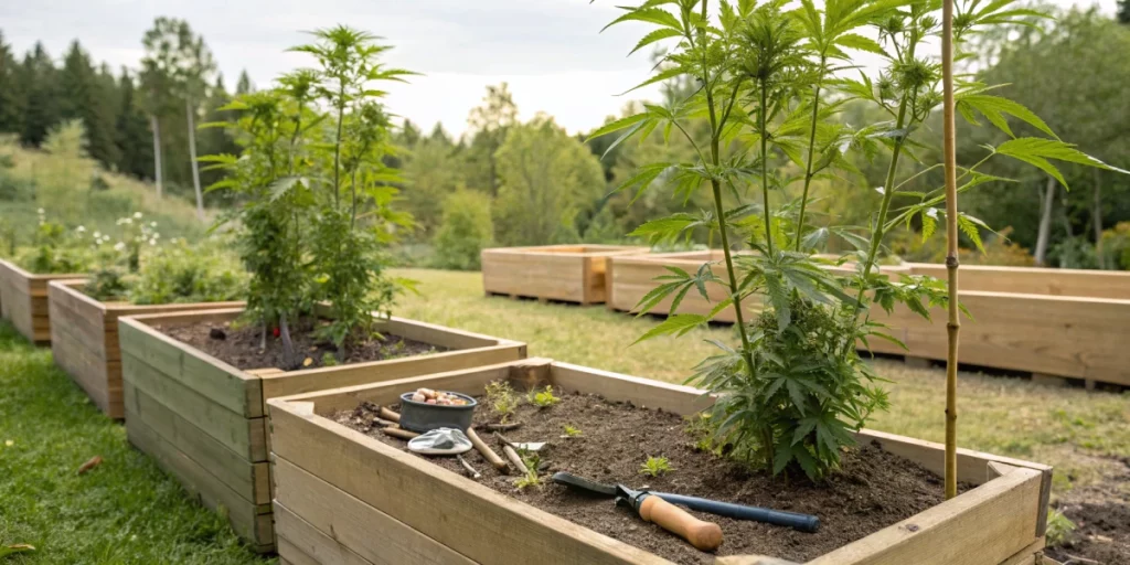 Outdoor raised beds with cannabis seeds maryland packets and tools in a Maryland garden.