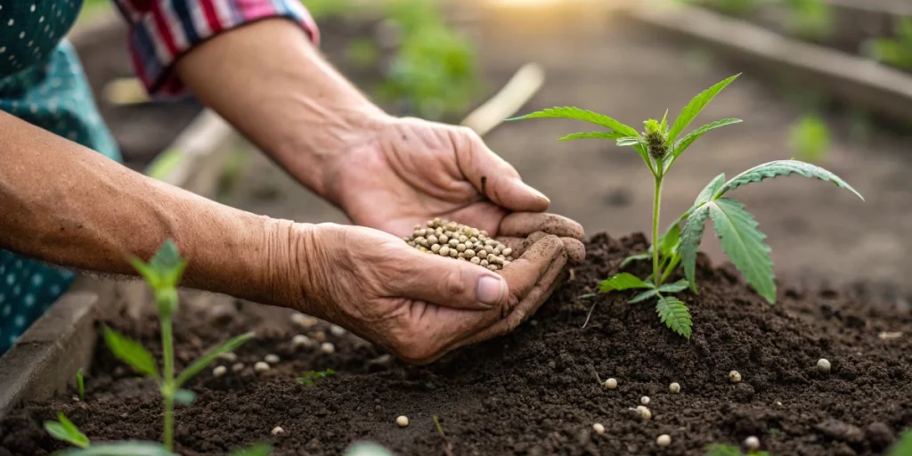 gardener holding ohio cannabis seeds over garden soil