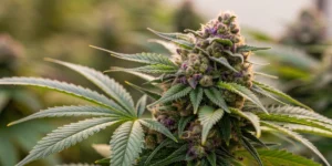 Close-up of dense, resinous Royal Gorilla Auto strain buds with vibrant green and purple hues illuminated by bright grow lights.