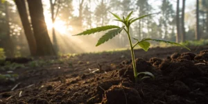 Cannabis seedling emerging in soil under gentle morning light illustrating how to grow cannabis from seed outdoors.