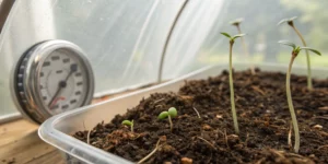 A close‐up image of cannabis seeds sprouting under a humidity dome with a thermometer and hygrometer indicating ideal cannabis seed germination temp and humidity